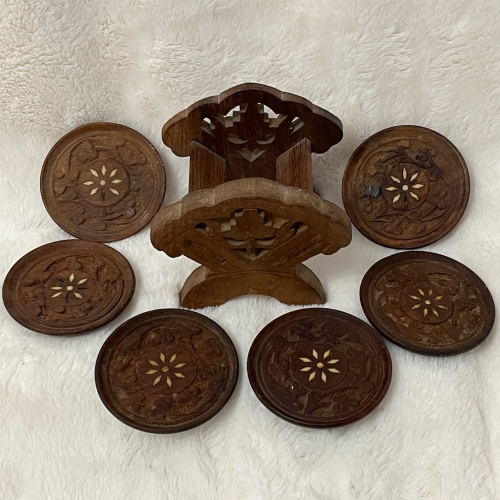 VTG Hand Carved Sheesham Wood Bone Inlay 6 Coasters & Holder India Rosewood